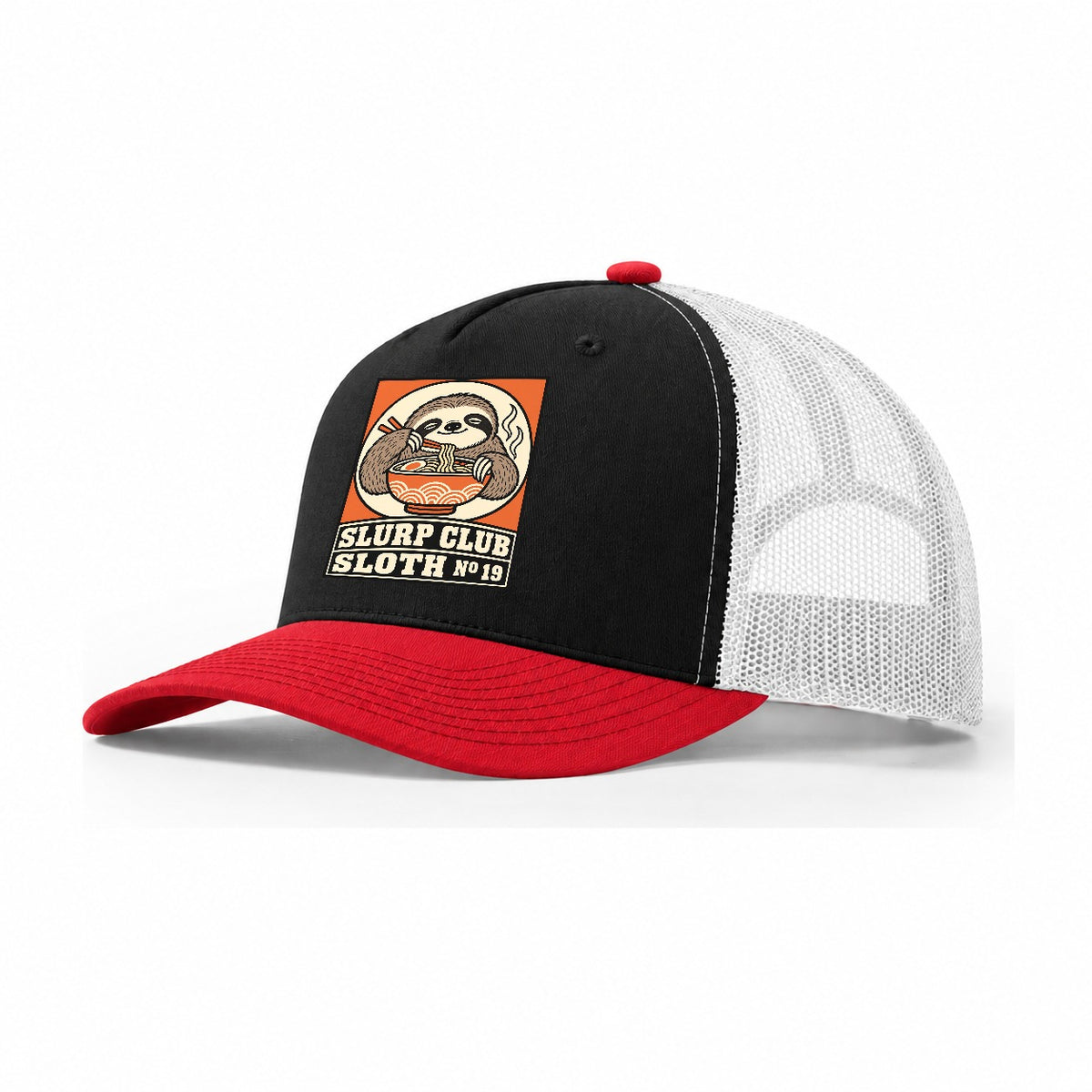 Sloth Slow Slurp Club Trucker Hat – Black Red White