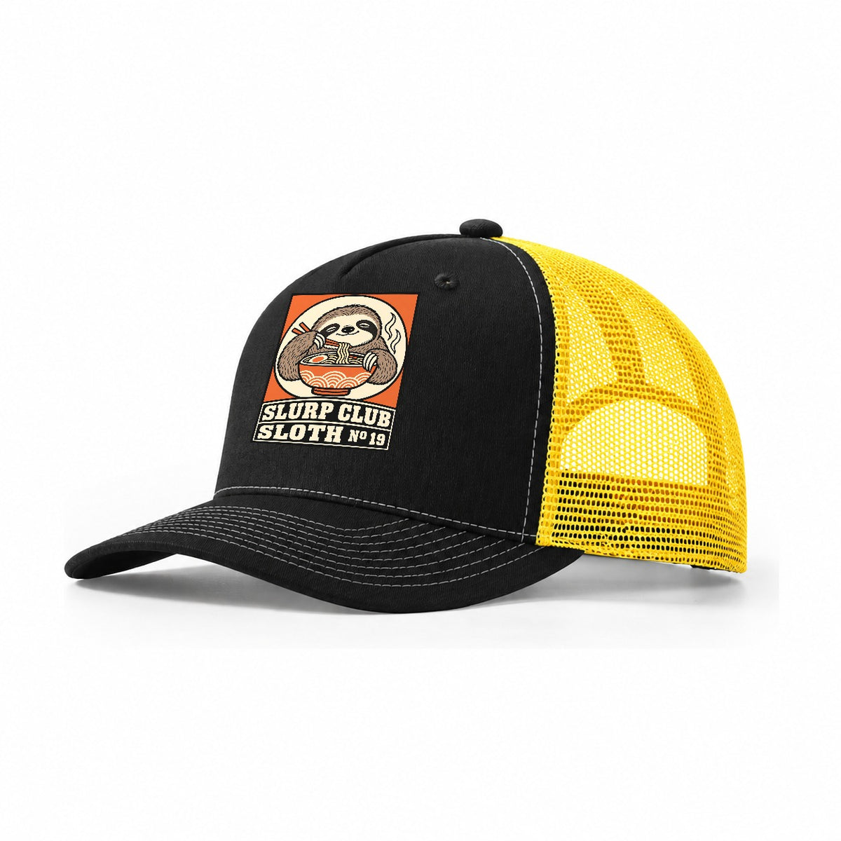 Sloth Slow Slurp Club Trucker Hat – Black Yellow
