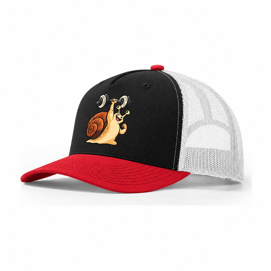 Snail Slow Gains Animal Lifters Trucker Hat – Black Red White