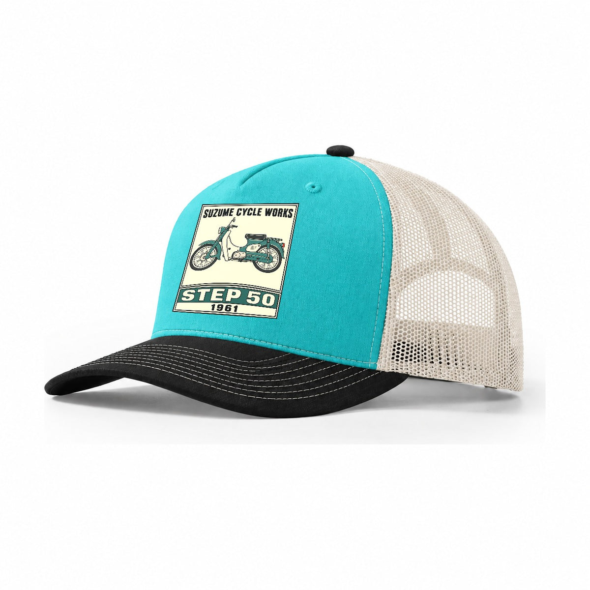 Suzume Step 50 Showa Speed Plates Trucker Hat – Aqua Black White