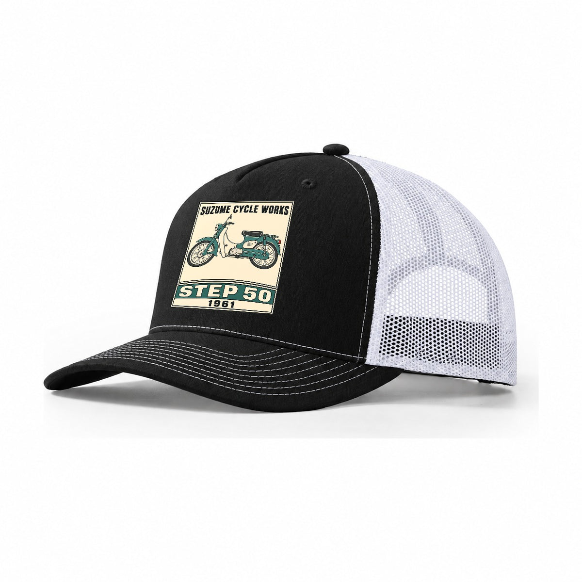 Suzume Step 50 Showa Speed Plates Trucker Hat – Black White