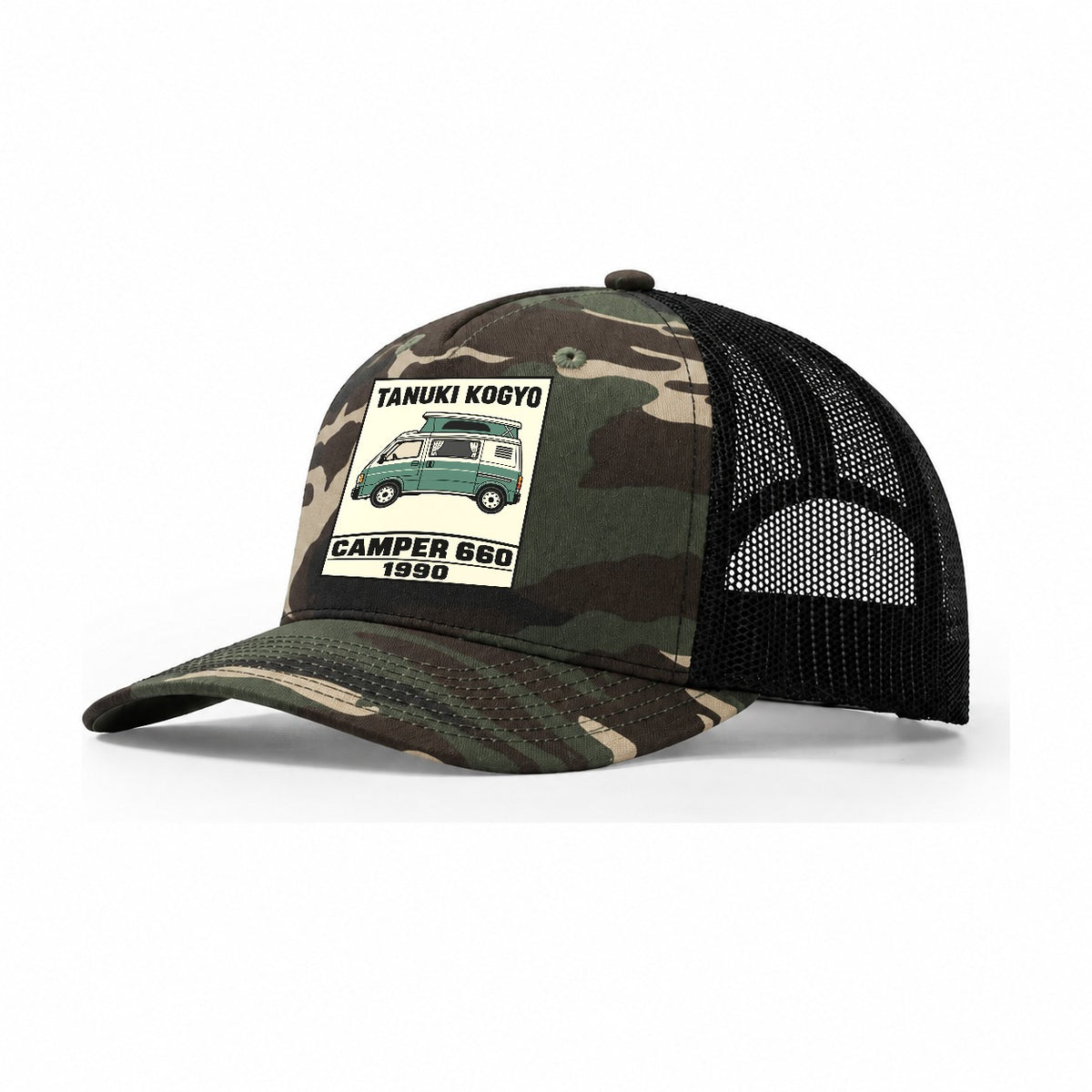 Tanuki Camper Showa Speed Plates Trucker Hat – Woodland Camo Black