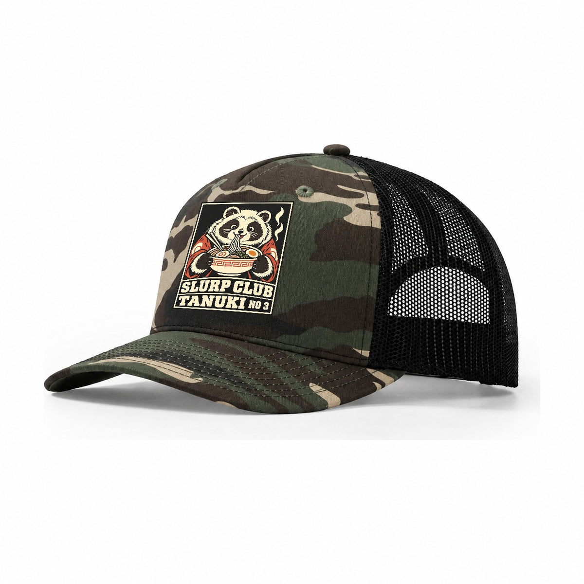 Tanuki Tonkotsu Slurp Club Trucker Hat – Woodland Camo Black