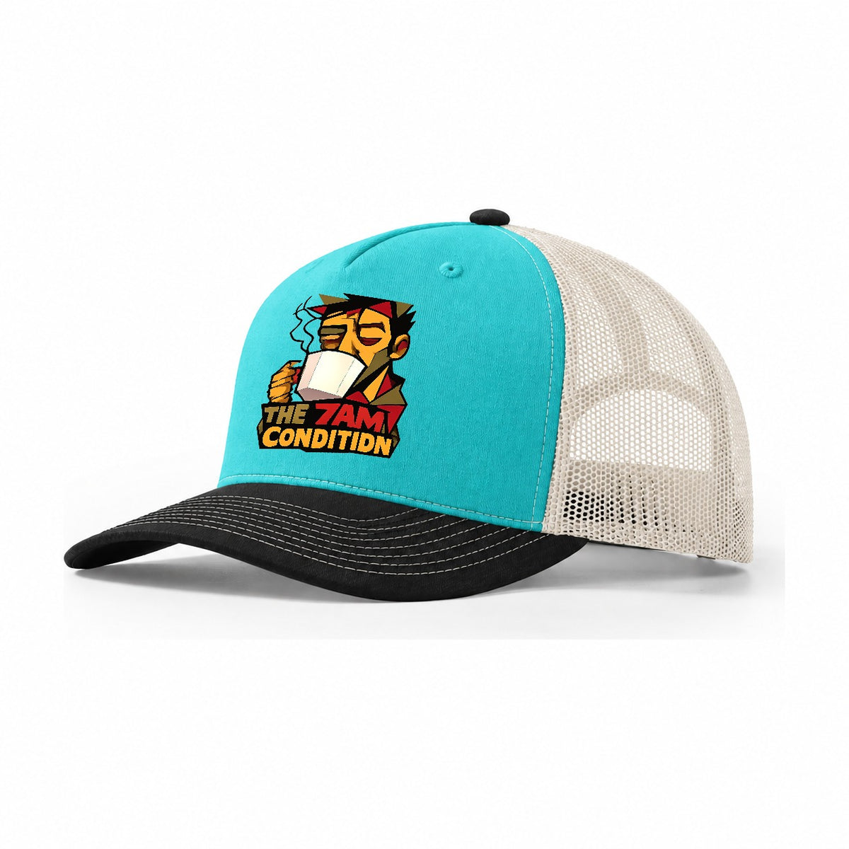 Tired Face Coffee Portrait Trucker Hat – Aqua Black White