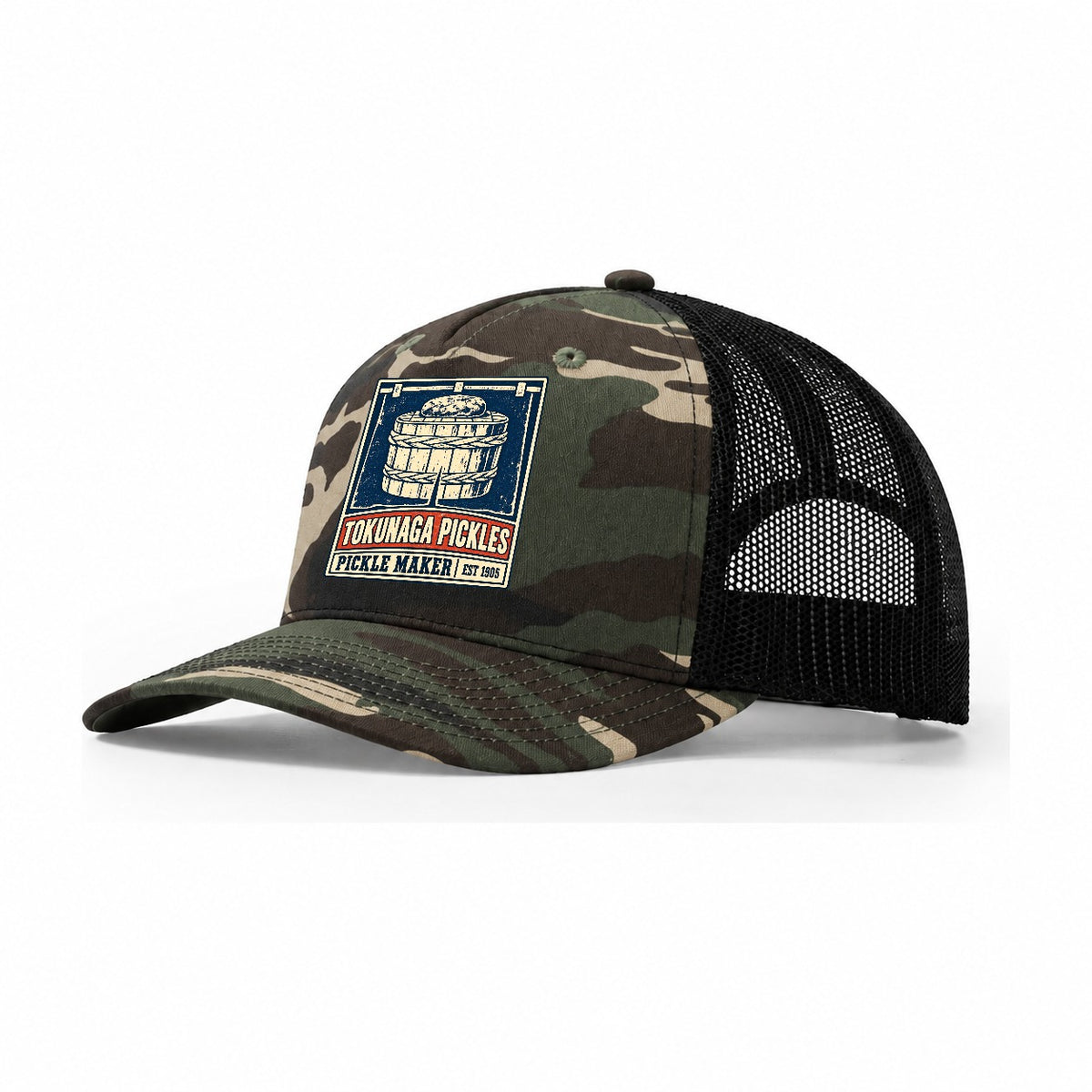 Tokunaga Pickle Shop Noren Trade Co Trucker Hat – Woodland Camo Black