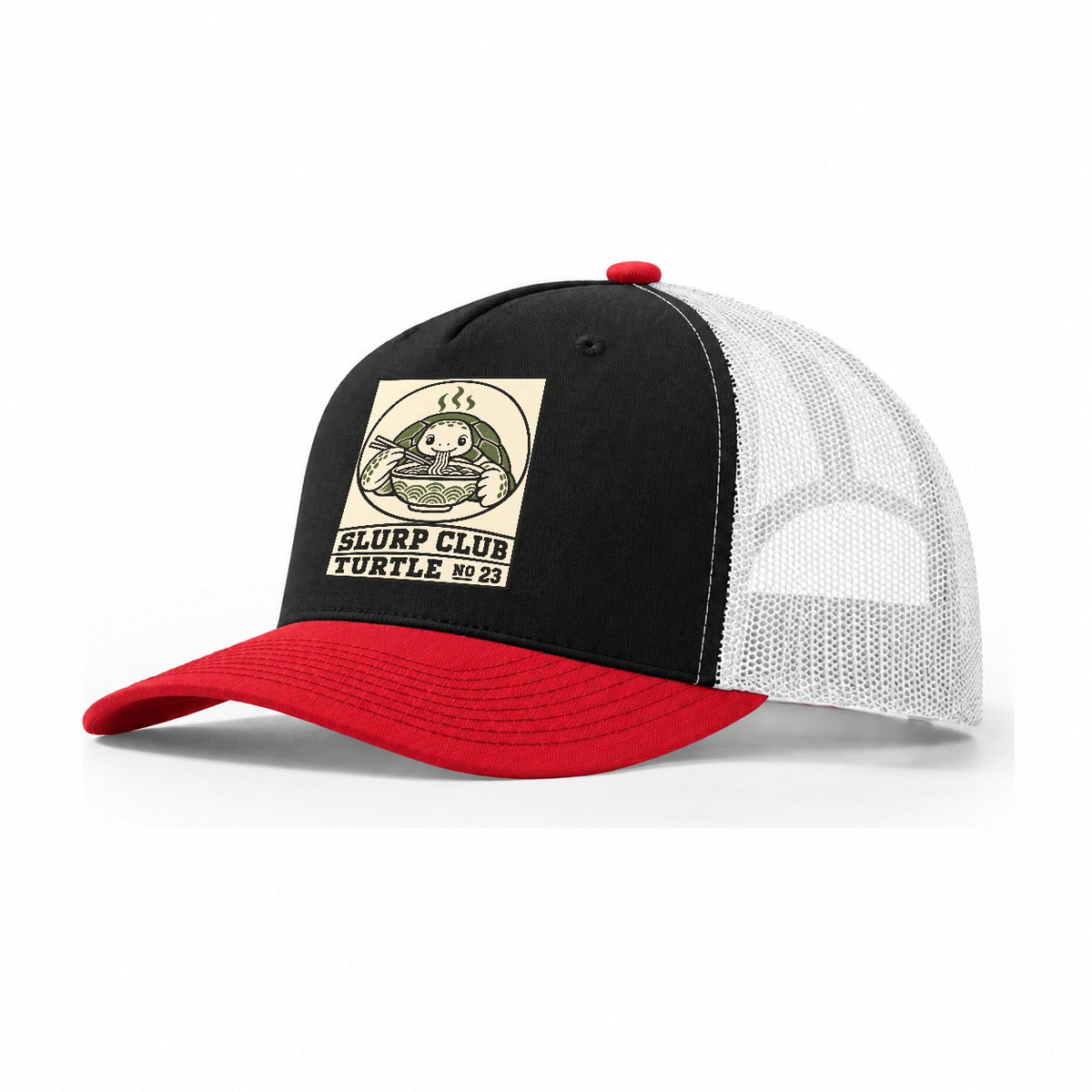 Turtle Patient Slurp Club Trucker Hat – Black Red White