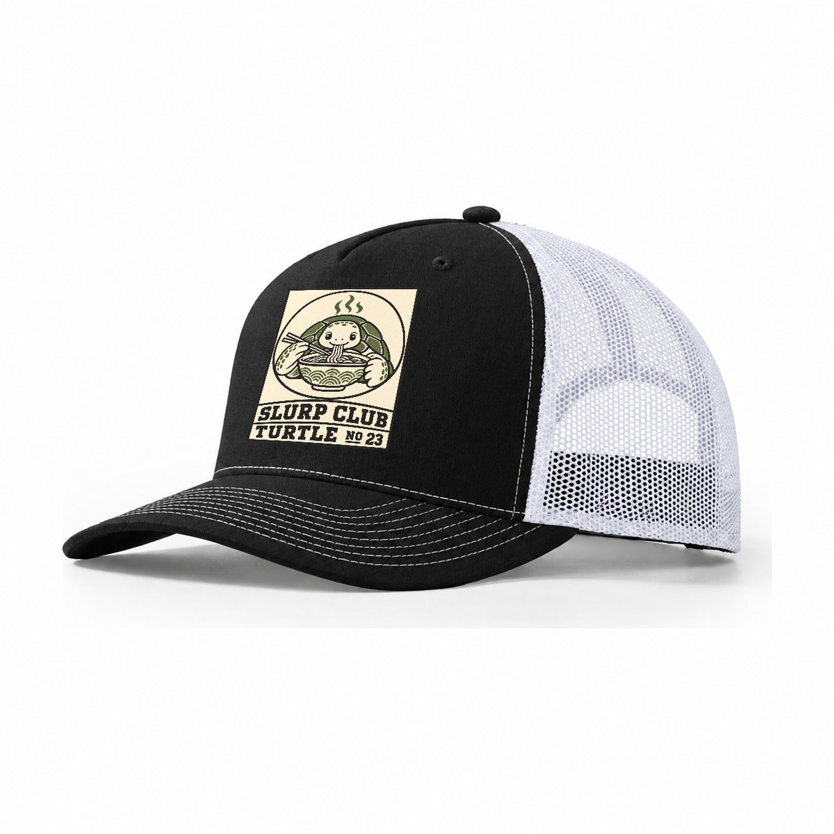 Turtle Patient Slurp Club Trucker Hat – Black White