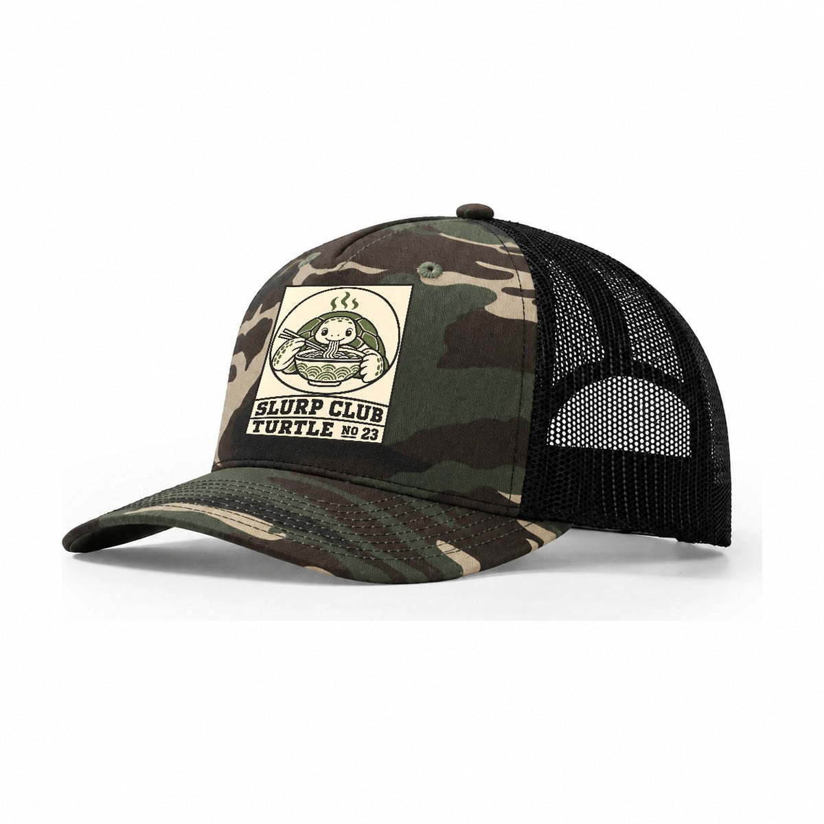 Turtle Patient Slurp Club Trucker Hat – Woodland Camo Black
