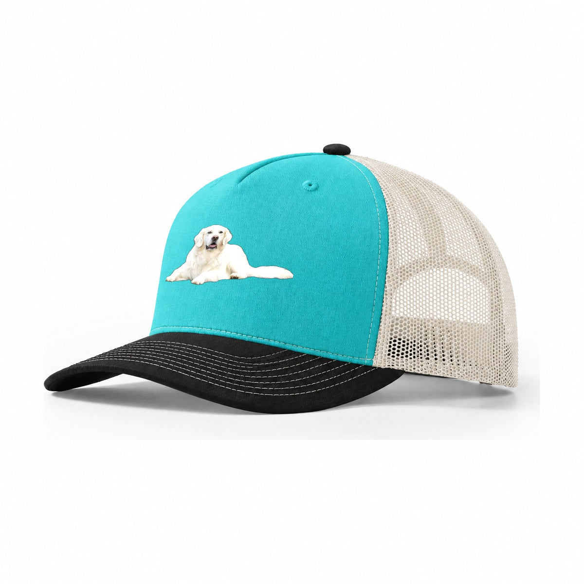 White English Cream Golden Retrievers Trucker Hat – Aqua Black White