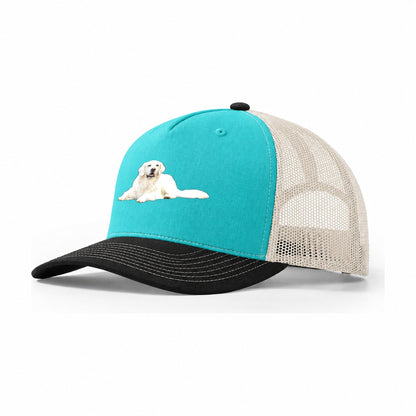 White English Cream Golden Retrievers Trucker Hat – Aqua Black White