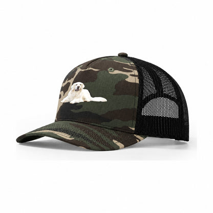 White English Cream Golden Retrievers Trucker Hat – Woodland Camo Black