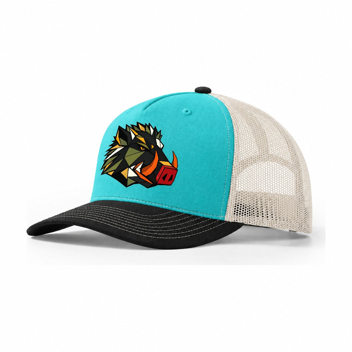 Wild Boar Tusks Profile Trucker Hat – Aqua Black White