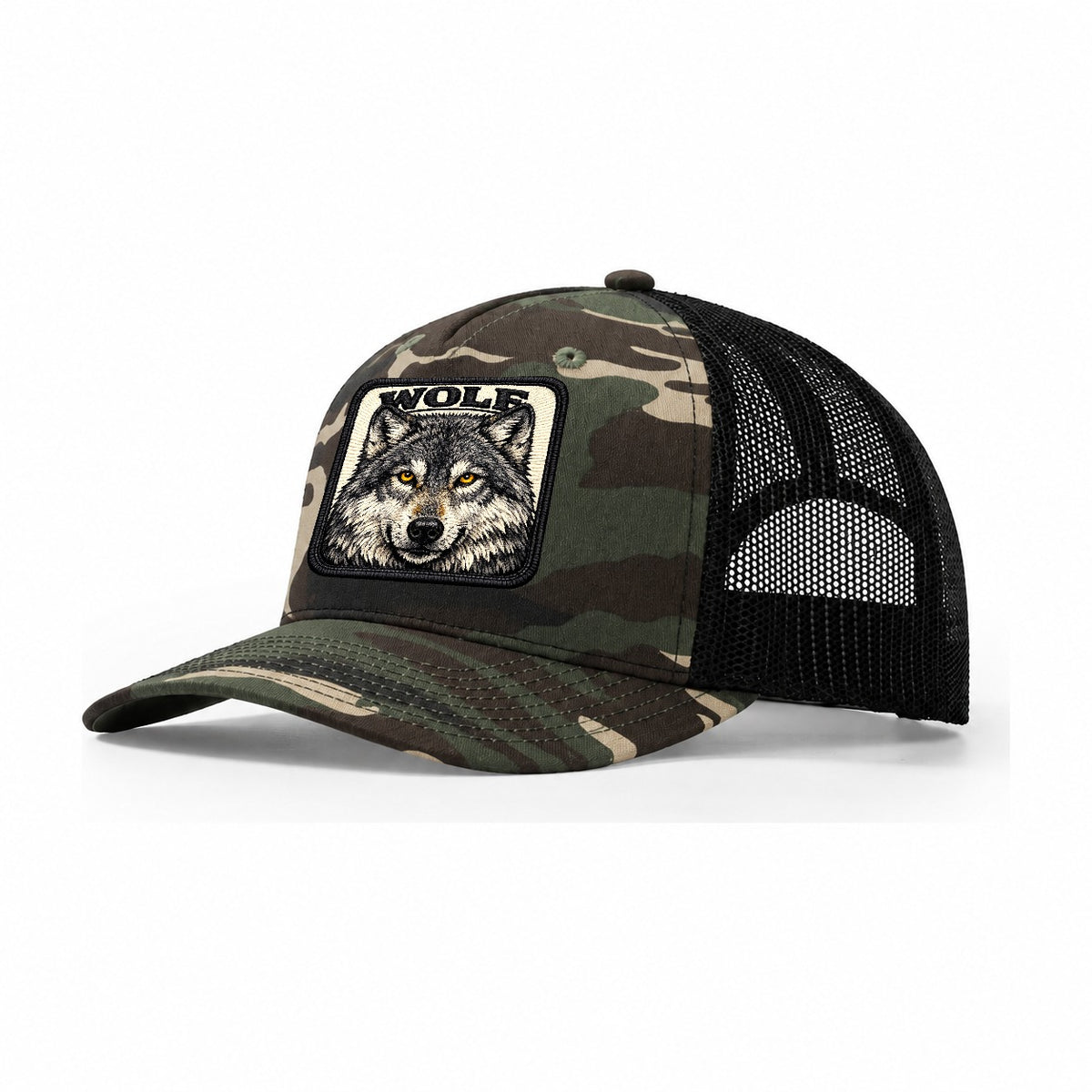 Wolf Trucker Hat – Woodland Camo Black