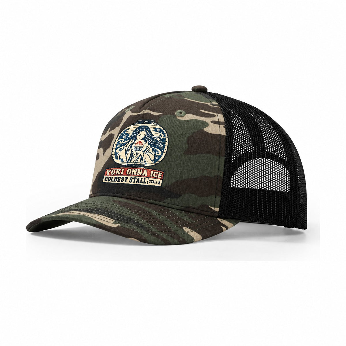 Yuki Onna Ice Yokai Night Market Trucker Hat – Woodland Camo Black