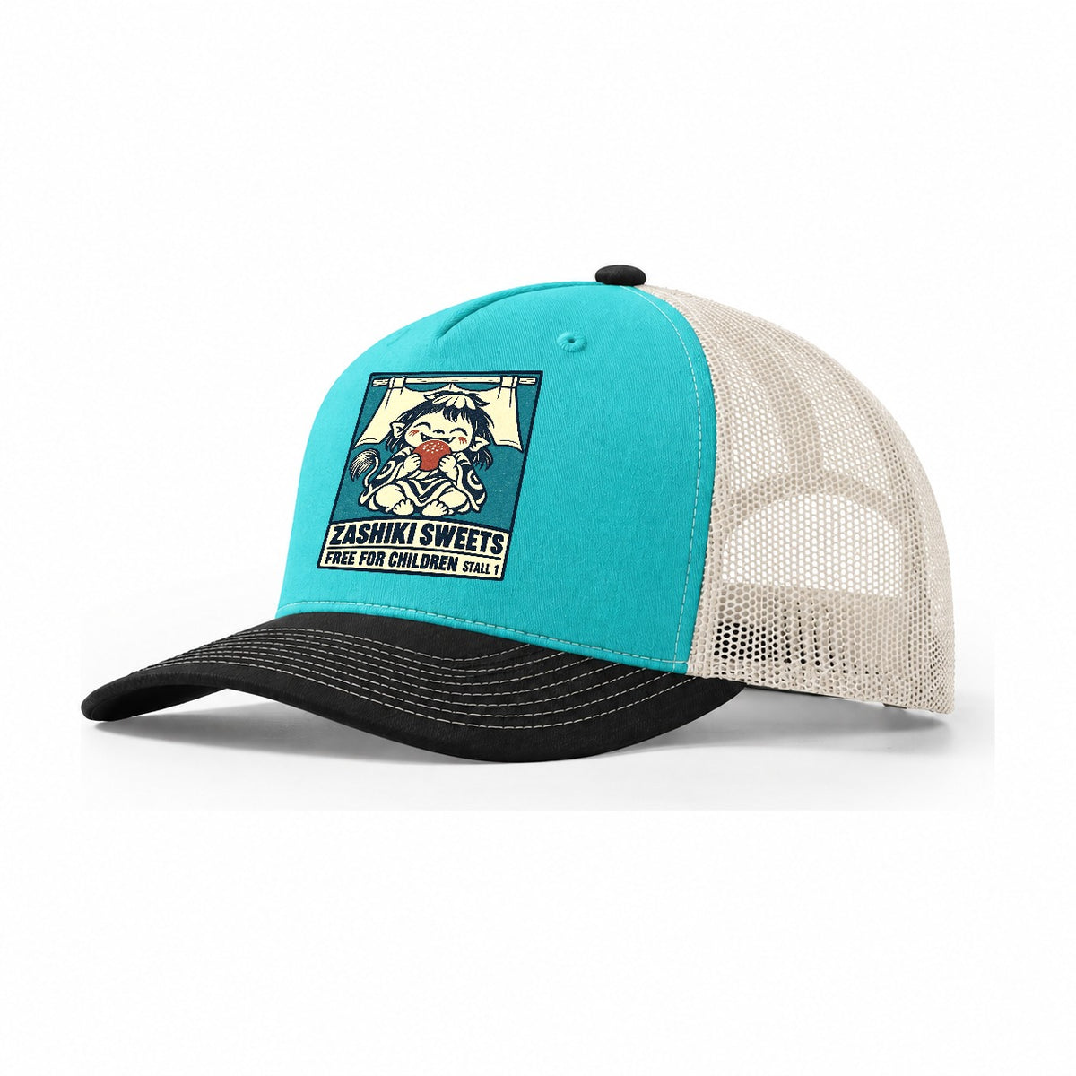 Zashiki Sweets Yokai Night Market Trucker Hat – Aqua Black White