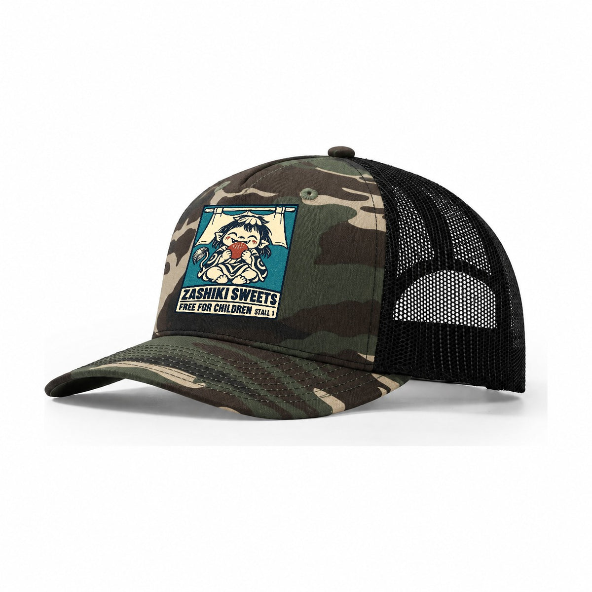 Zashiki Sweets Yokai Night Market Trucker Hat – Woodland Camo Black