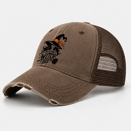 Resting Witch Face Slogan Witch Magic Washed Trucker Hat – Coffee