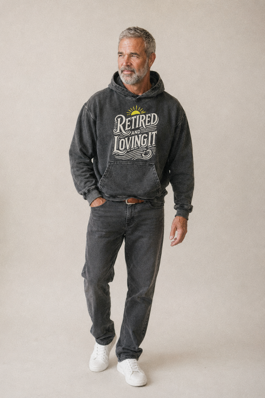 Retired And Loving It Vintage Washed Hoodie – studio model photo