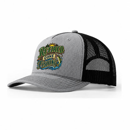 Retired Gone Fishing Retired Living Trucker Hat – Sport Grey Black