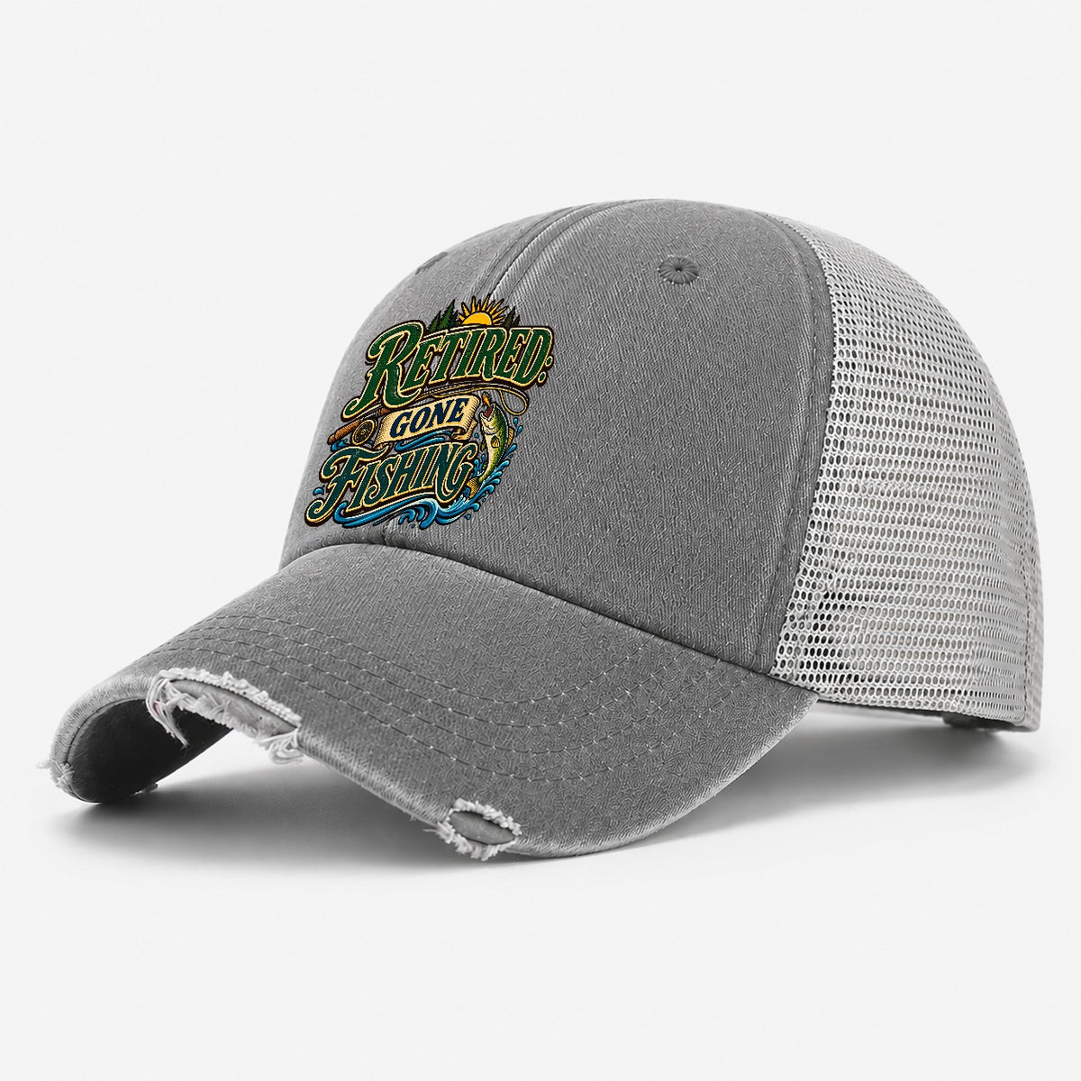 Retired Gone Fishing Retired Living Washed Trucker Hat – Grey