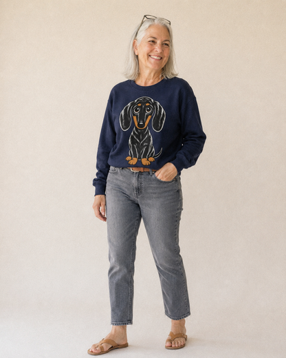 Retro Dachshund Fleece Sweatshirt – studio model photo