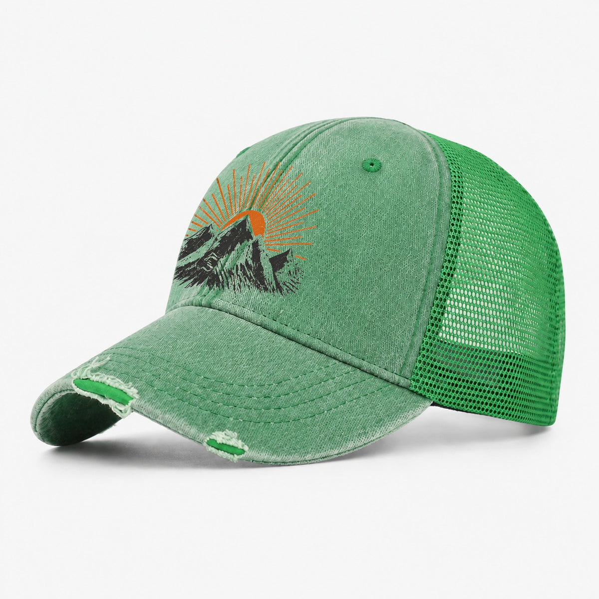 Retro Sunburst Peaks Washed Trucker Hat – Ink Green