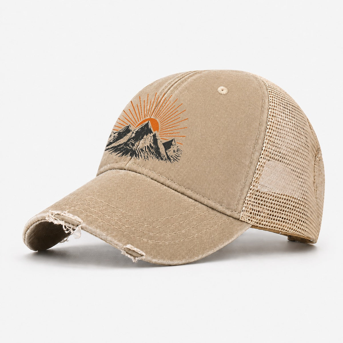 Retro Sunburst Peaks Washed Trucker Hat – Khaki