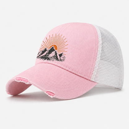 Retro Sunburst Peaks Washed Trucker Hat – Light Pink