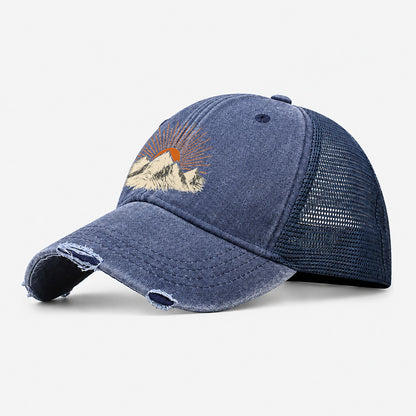 Retro Sunburst Peaks Washed Trucker Hat – Navy
