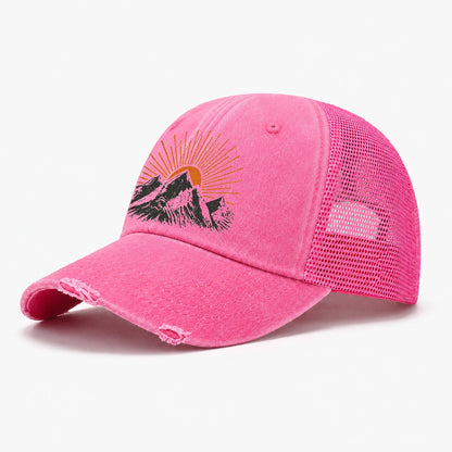 Retro Sunburst Peaks Washed Trucker Hat – Rose