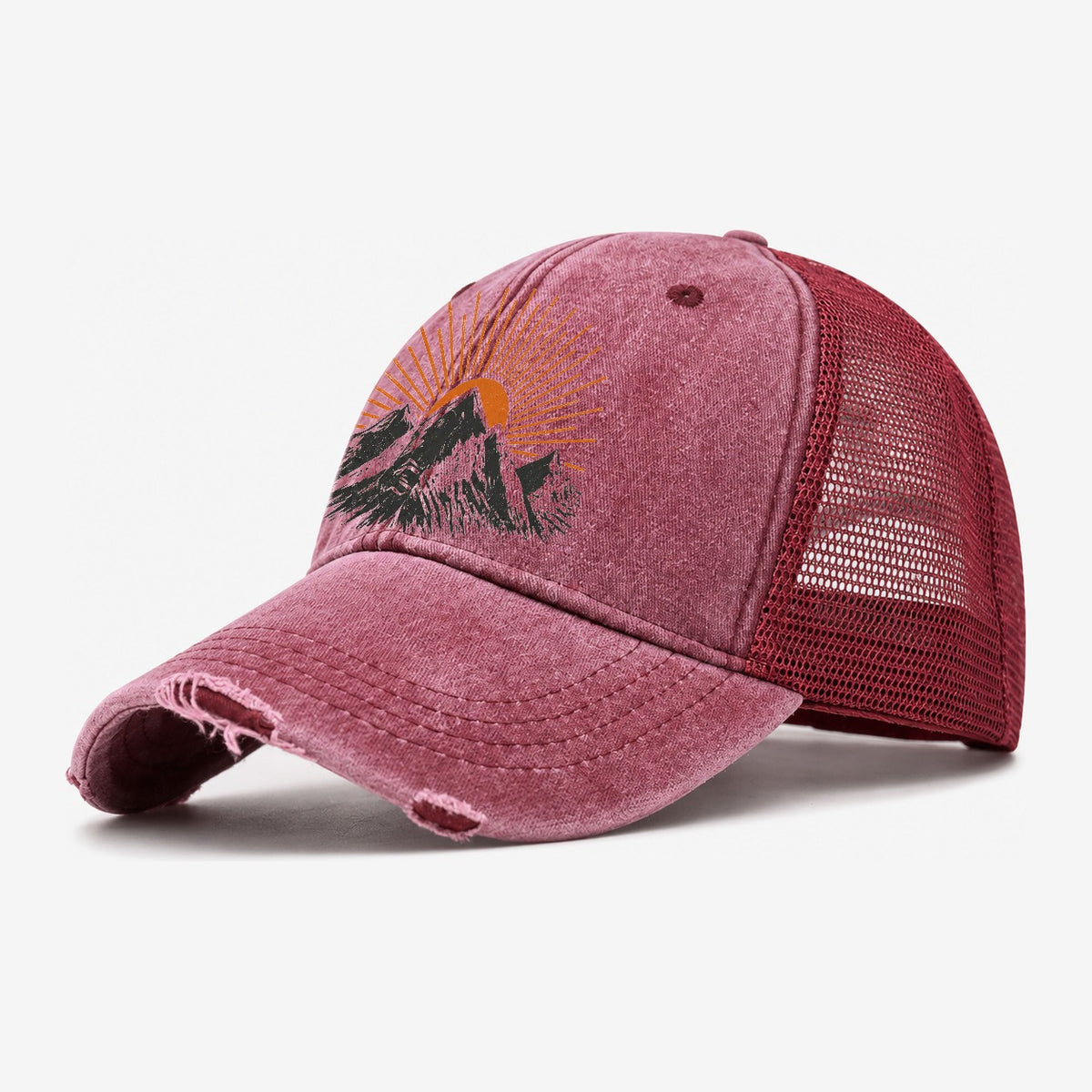 Retro Sunburst Peaks Washed Trucker Hat – Wine Red