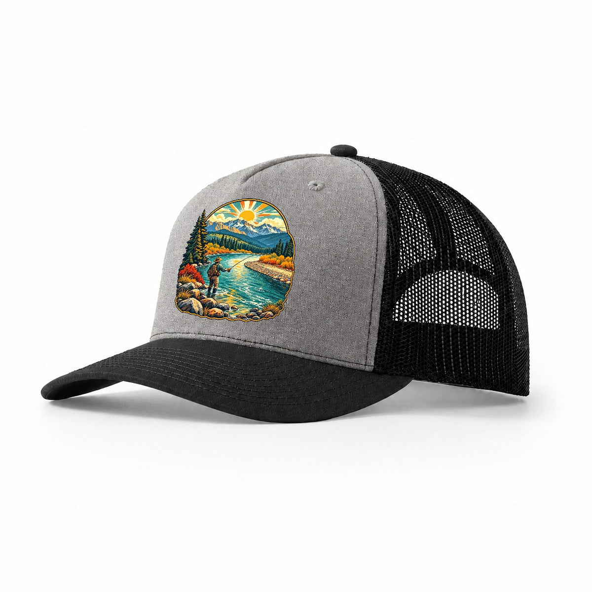 River Bend Fly Water Fishing Club Trucker Hat – Grey Black