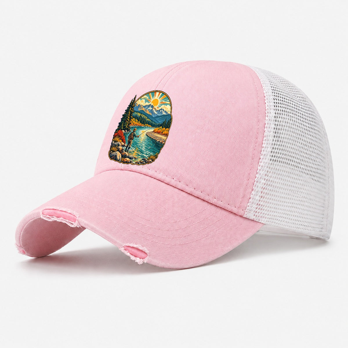 River Bend Fly Water Fishing Club Washed Trucker Hat – Light Pink