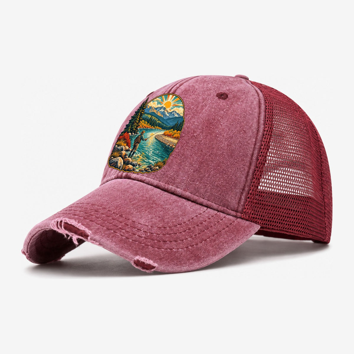 River Bend Fly Water Fishing Club Washed Trucker Hat – Wine Red