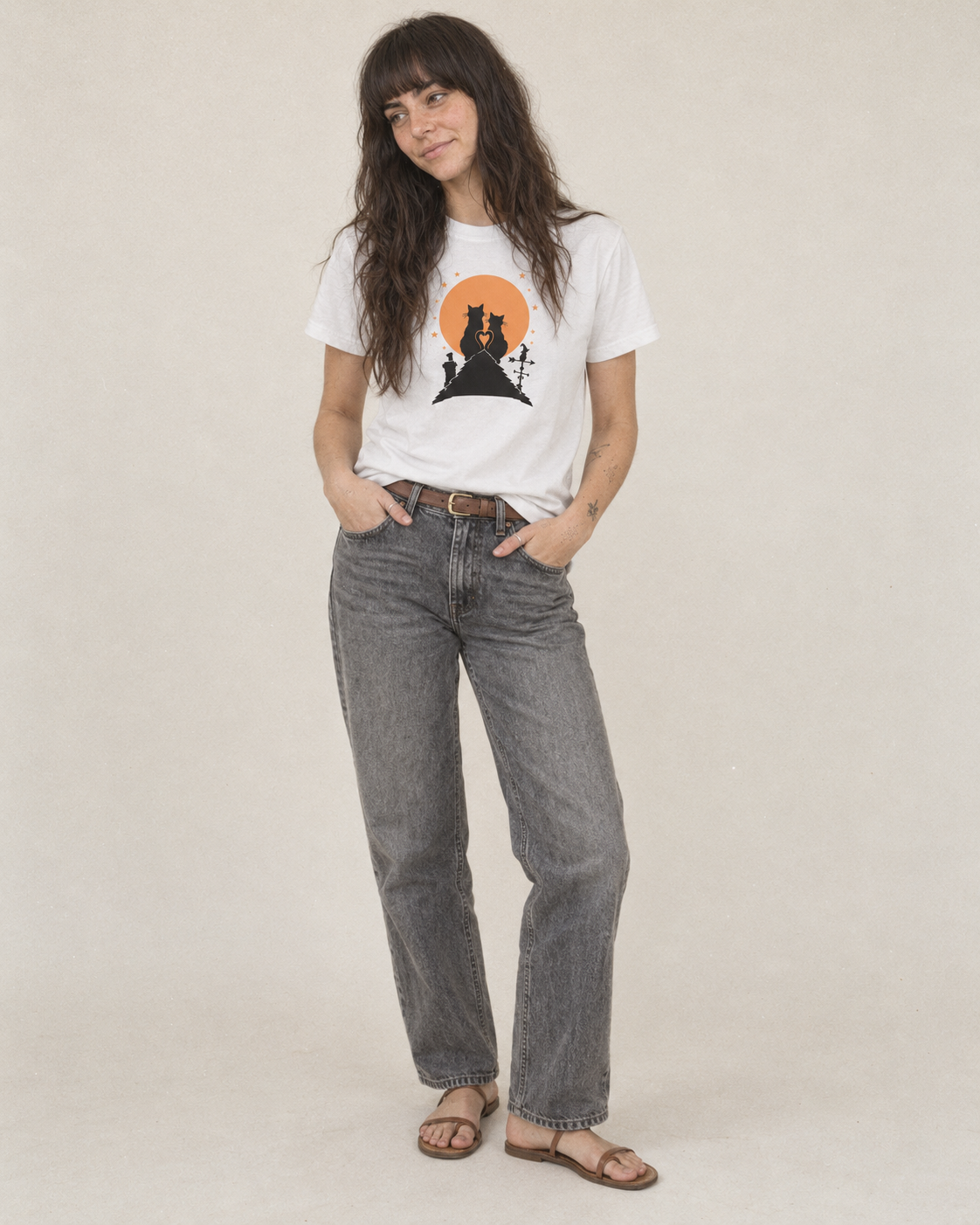 Rooftop Cats Full Moon Classic T-shirt – studio model photo