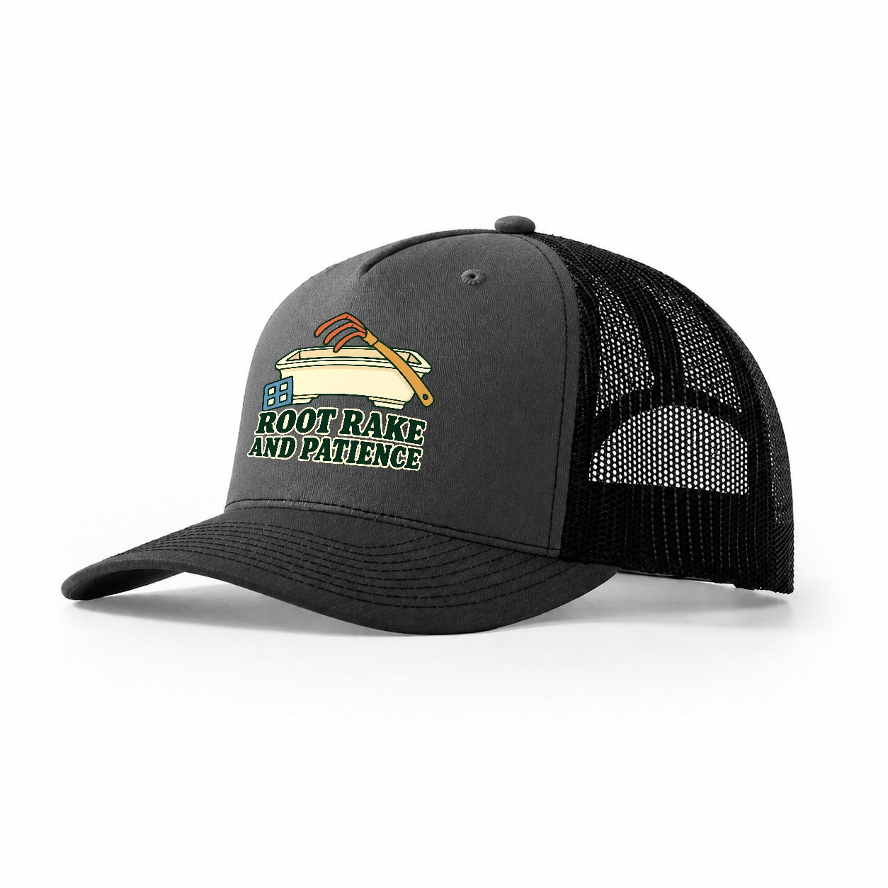 Root Rake And Patience Bonsai Trucker Hat – Dark Grey Black