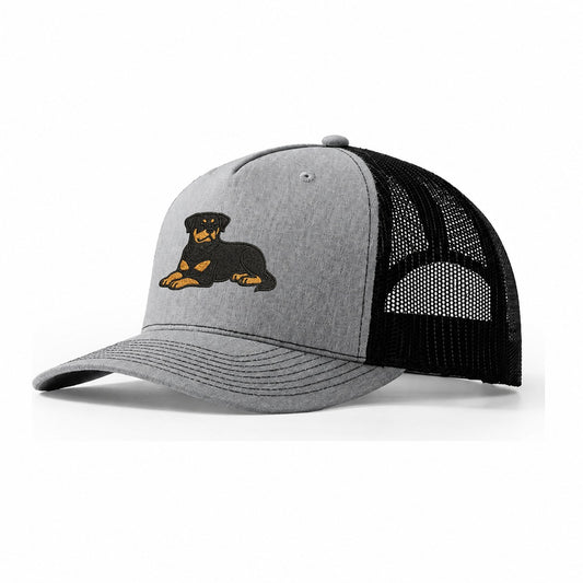 Rottweiler Black And Tan Relaxed Lying Down With Head Up Emb Trucker Hat – Sport Grey-Black