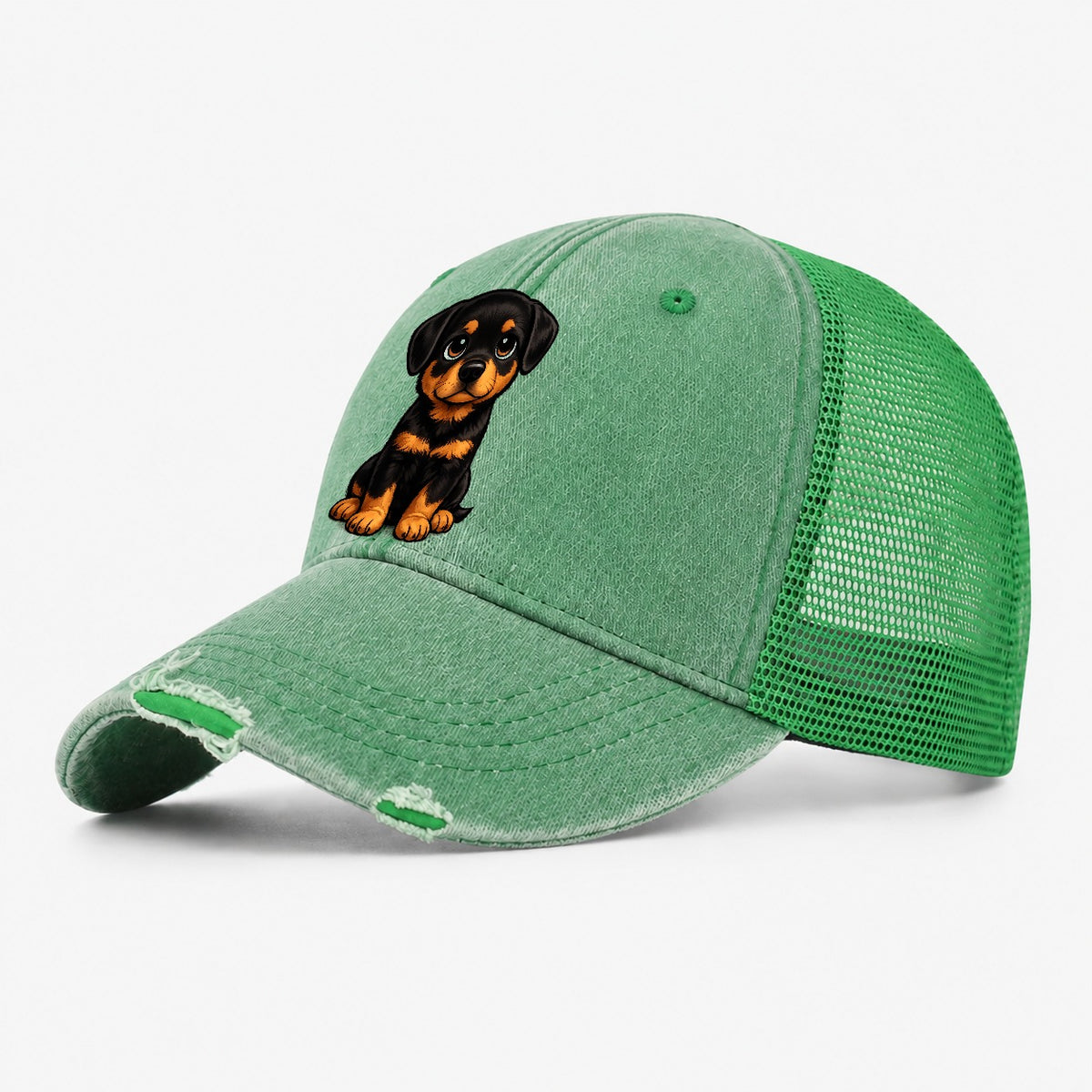 Rottweiler Sitting Sweetheart Washed Trucker Hat – Ink Green