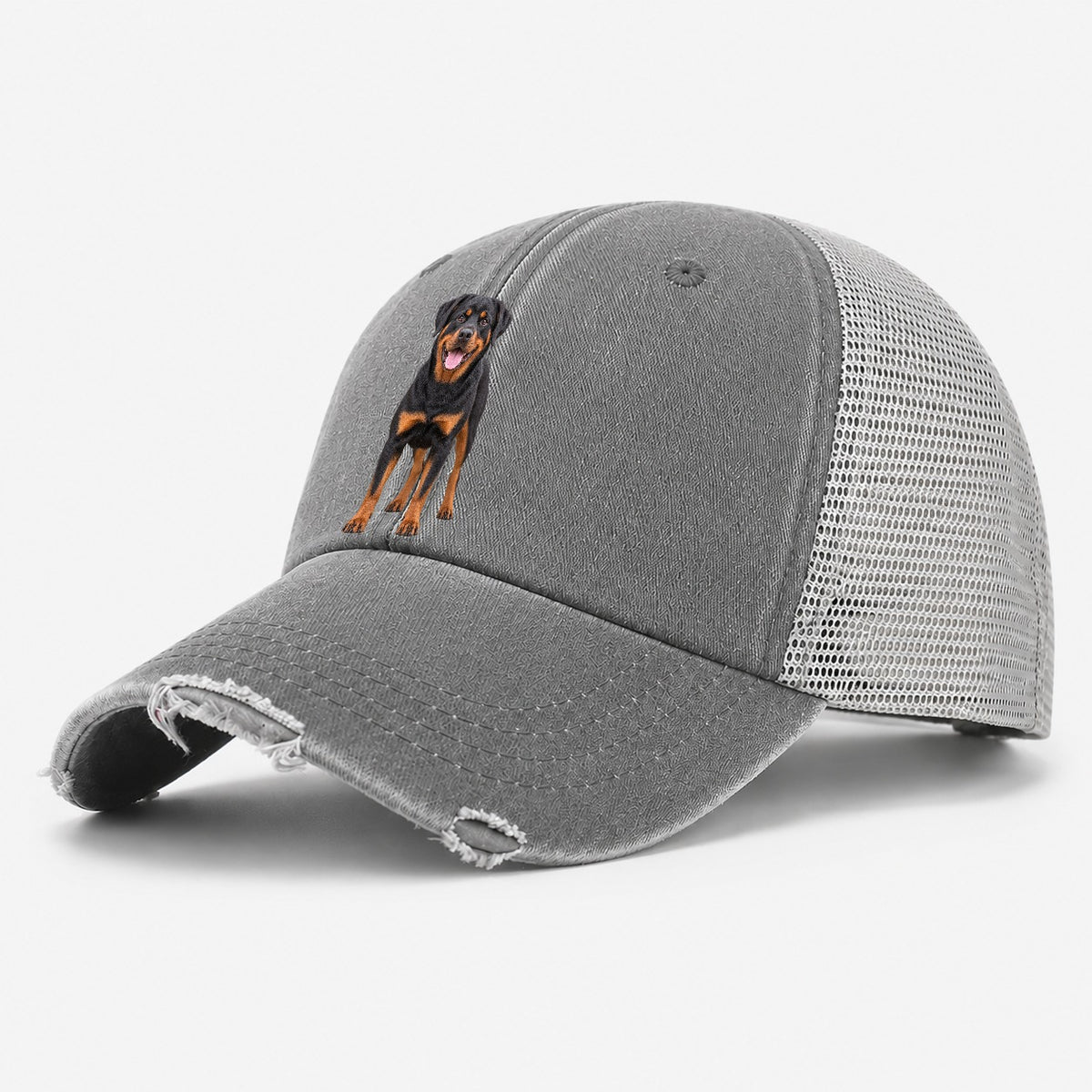 Rottweiler Standing Top Breeds Washed Trucker Hat – Grey