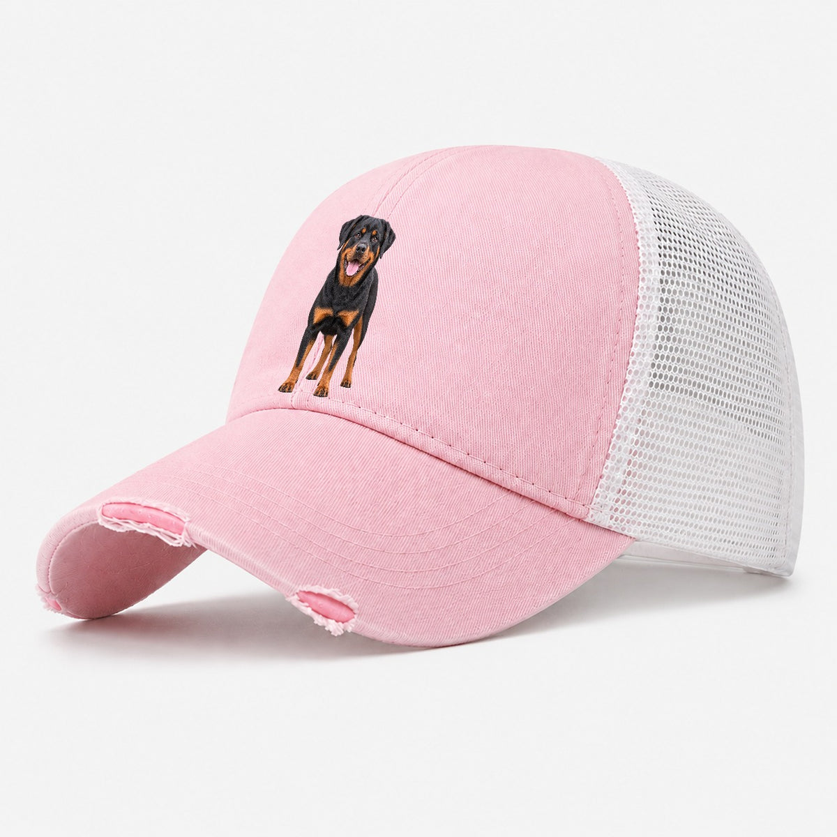 Rottweiler Standing Top Breeds Washed Trucker Hat – Light Pink