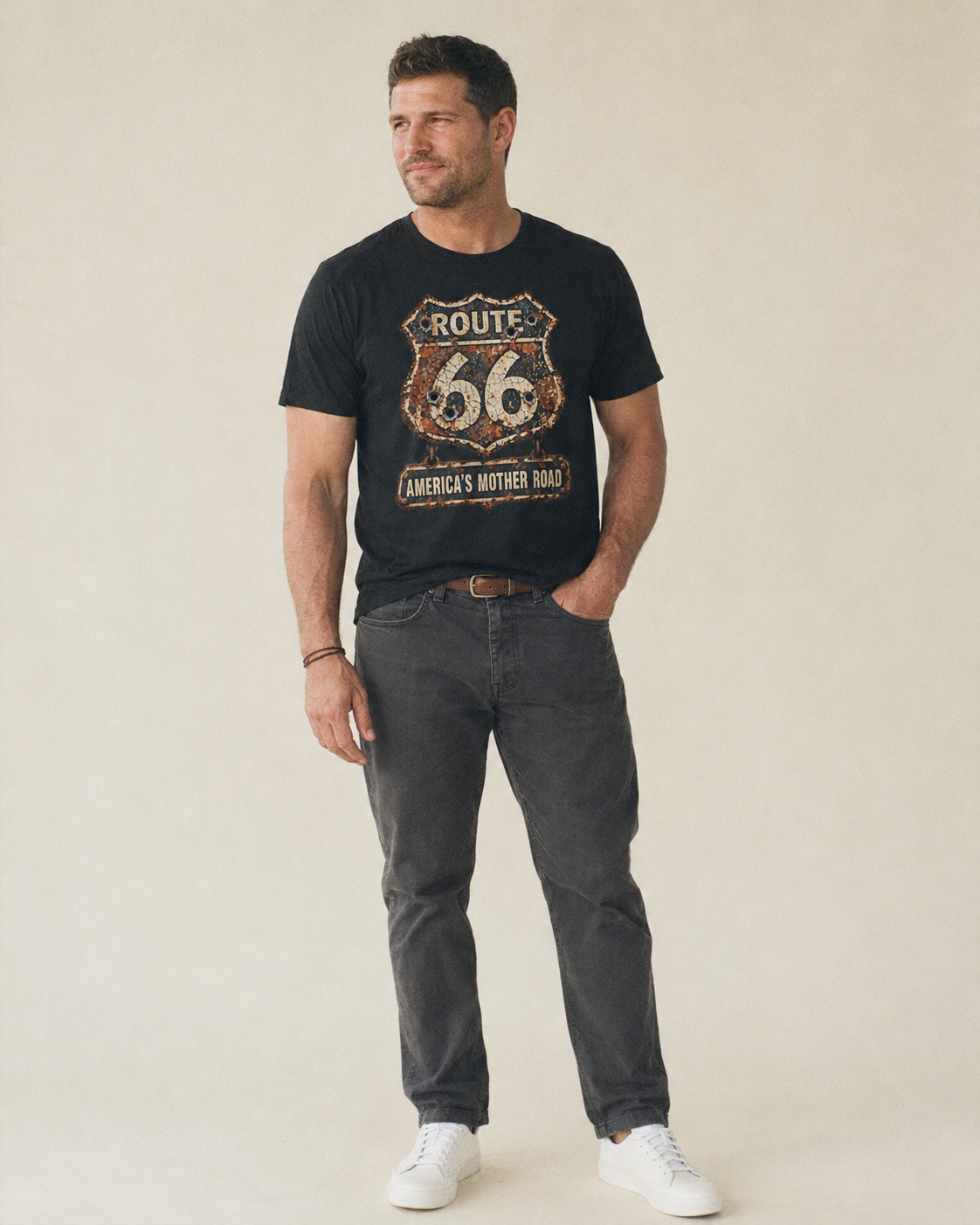 Route 66 Weathered Classic T-shirt – studio model photo