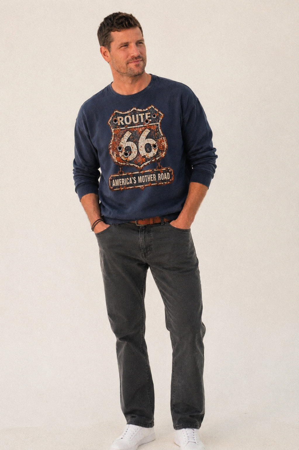 Route 66 Weathered Fleece Sweatshirt – studio model photo
