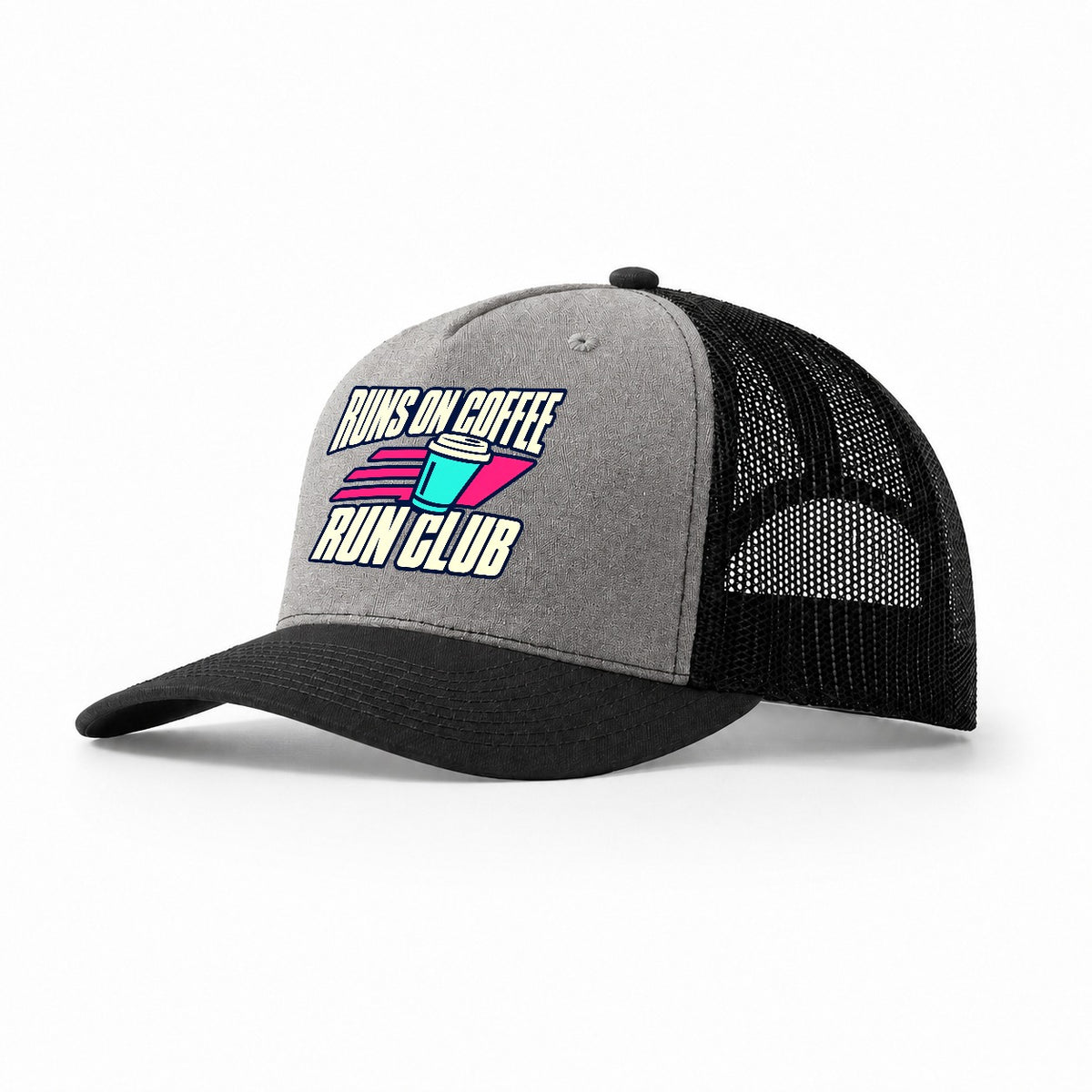Runs On Coffee Run Club 90S Running Clubs Trucker Hat – Grey Black