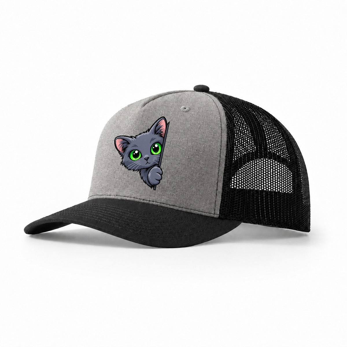 Russian Blue Side Peek Peeking Cats Trucker Hat – Grey Black