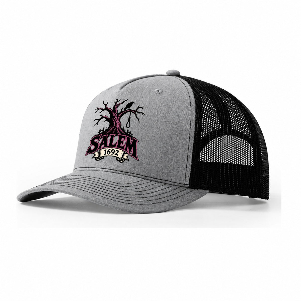 Salem Sixteen Ninety Two Witch Magic Trucker Hat – Sport Grey Black