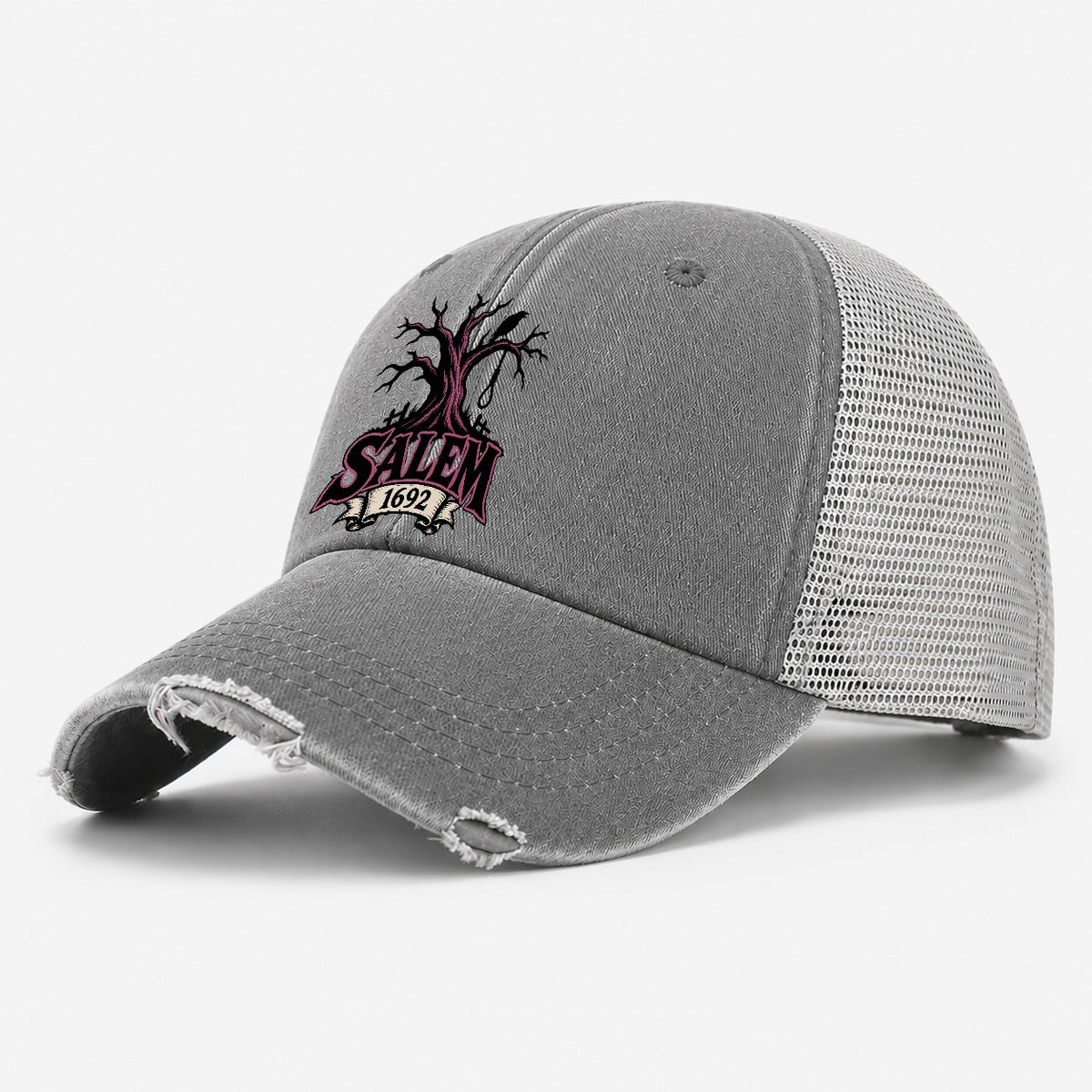 Salem Sixteen Ninety Two Witch Magic Washed Trucker Hat – Grey