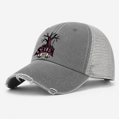 Salem Sixteen Ninety Two Witch Magic Washed Trucker Hat – Grey