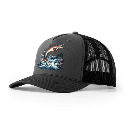 Salmon Leap Arc Fishing Elegant Trucker Hat – Dark Grey Black