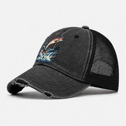 Salmon Leap Arc Fishing Elegant Washed Trucker Hat – Black