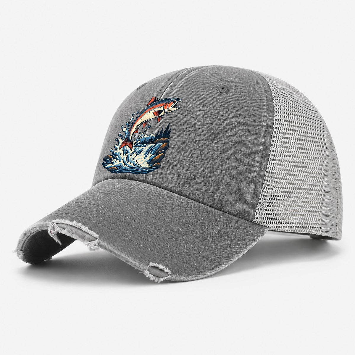 Salmon Leap Arc Fishing Elegant Washed Trucker Hat – Grey